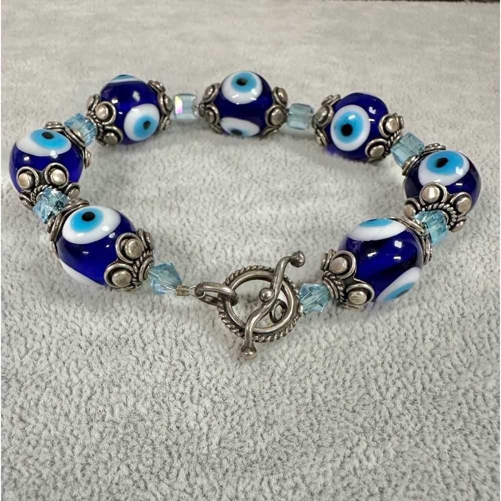 Dark Blue EVIL EYE Glass Bead And Sliver Tone Toggle Protection Bracelet
